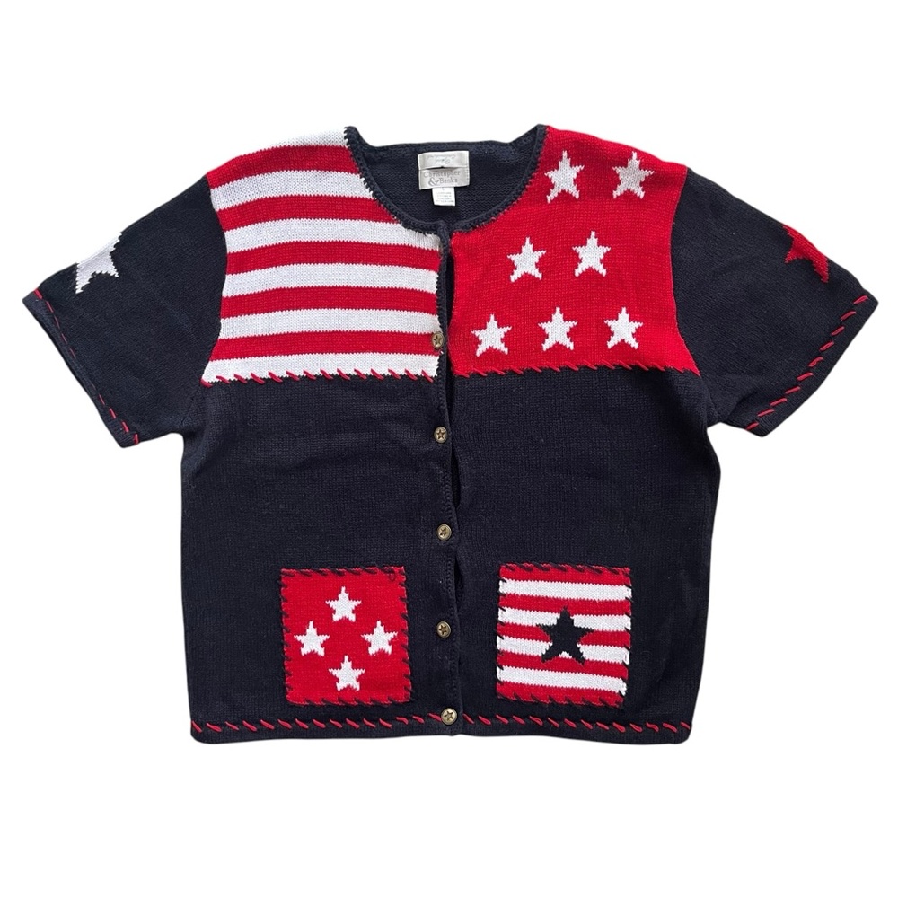 Christopher & Banks Women’s L USA 4th of July Embroidered Short Sl Knit Cardigan